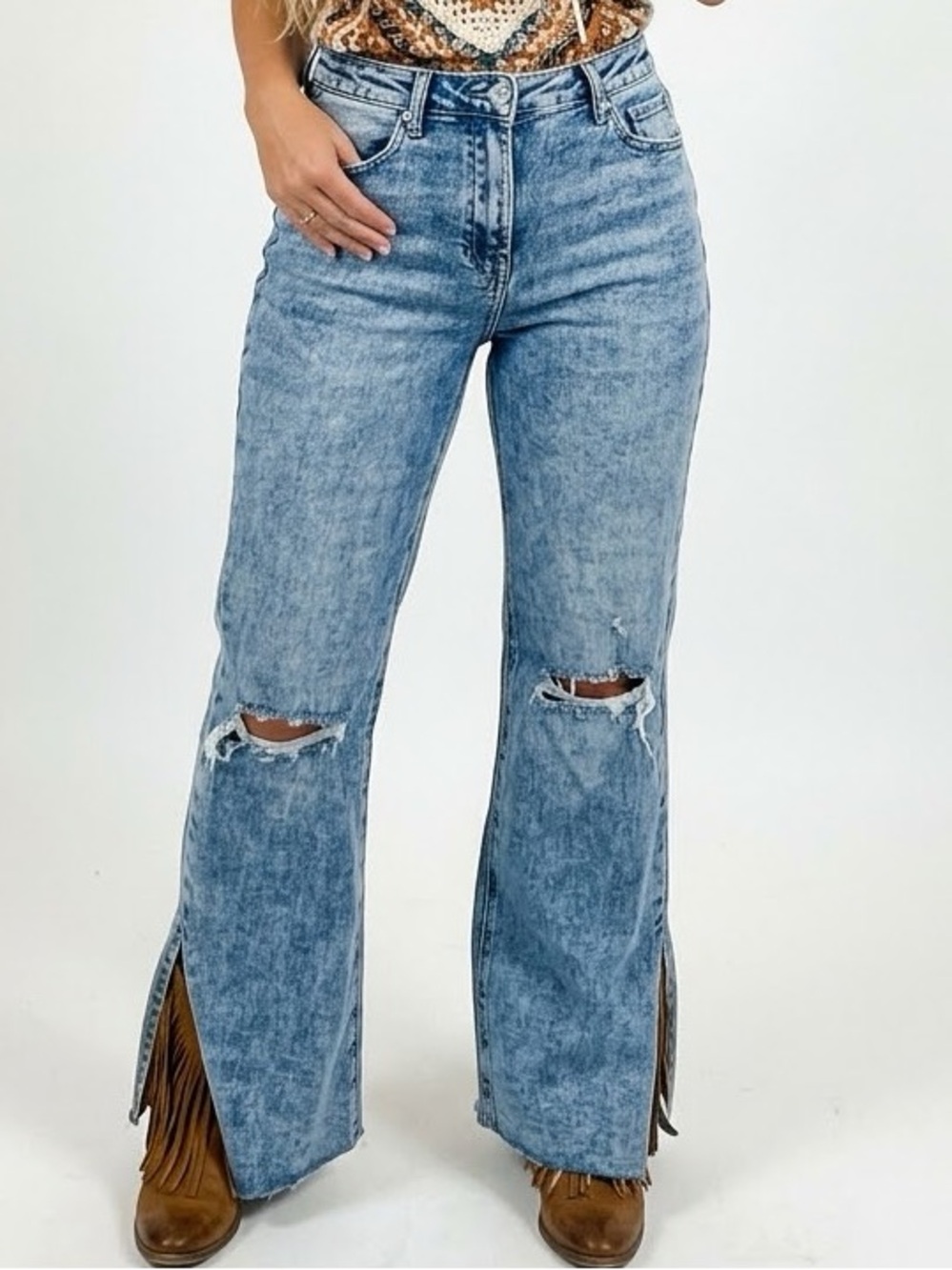 RISEN JEANS Distressed Denim Split Hem Chic Light Blue Flare Jeans